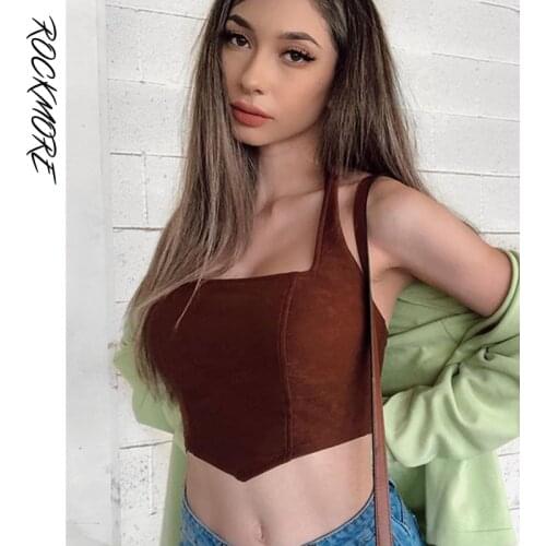 Rockmore Brown Halter Camis Women Corset Top Y2K Backless Zip Up Camisole Sexy Off Shoulder Party Crop Tank Tops Summer 2021