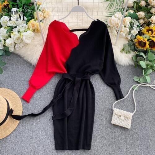 YornMona Ins Fashion Colors Knit Women Dress 2020 Autumn Winter Elegant Batwing Sleeve V-neck Sweater Dress Ladies Office Dress