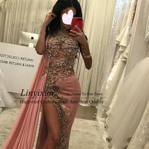 Sexy High Slit Mermaid Prom Dresses With Appliques Beads Illusion robe de soiree Long Formal Evening Gown abendkleider