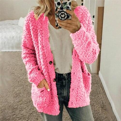 Winter Ladies Plush Sweater Fashion Solid Color Long Sleeves Pockets Loose Cardigans Female Button Casual Outwear