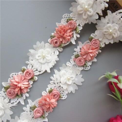 New Soluble White and Pink Pearl Rose Flower Embroidered Lace Trim Ribbon Fabric Sewing Craft For Costume Hat Shoes Decoration