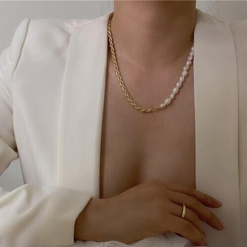 2021 New 100% Natural Freshwater Pearls Cross Necklace Women Asymmetry Thick Chain Wedding Birthday Party Gifts Fine Jewelry