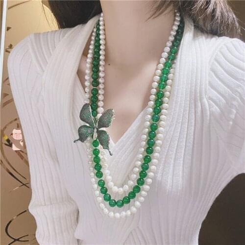 3rows Freshwater Pearl White round green agate butterfly brooch necklace