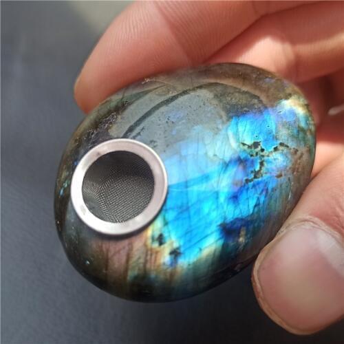 6cm Natural labradorite Quartz Smoking Pipe Crystal Point Wand Healing Crystal gemstoneWith Metal Filter wholesale price