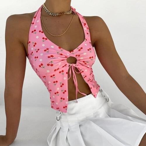 90s Vintage Cherry Sweet Cute Cami Y2K Aesthetics Sleeveless Hollow Out Corset Top Women Summer Backless Bandage Halter Cropped