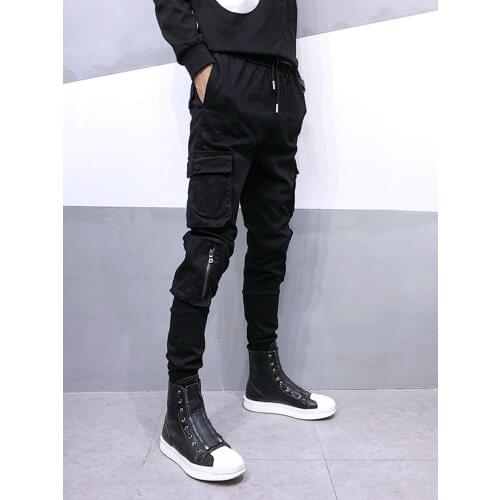 Free Shipping Mens Male fashion Black New Trendy Brand Function Multi-pocket Casual Overalls Hair Stylist Slim Feet Harem Pants