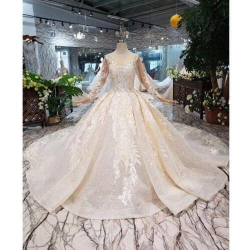 BGW HT42121 Shiny Ball Gown Wedding Dress 2020With Long Sleeves O-neck Lace Up V-back Princess Bride Dresses Robe Mariage Femme