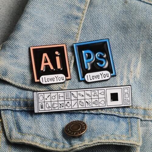 I Love You Illustrator Photoshop Brooch Toolbar Lapel Pin AI PS Enamel Pins Brooches For Designers Artists Programmer Cartoonist
