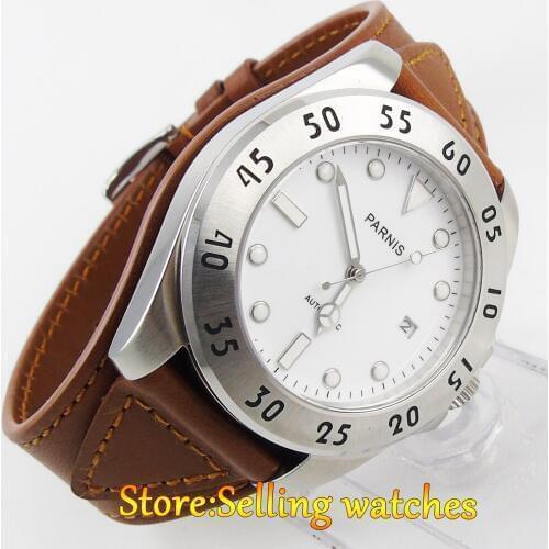 43mm Parnis White Dial White Number mechanical Sapphire Glass Miyota Automatic Mens Watch