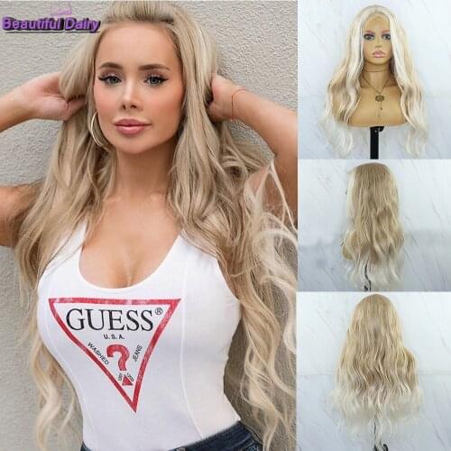 Beautiful Diary Long Body Wavy Futura Hair Blonde Lace Front Wigs 13X6 Ombre Heat Resistant Synthetic Lace Front Wigs For Women