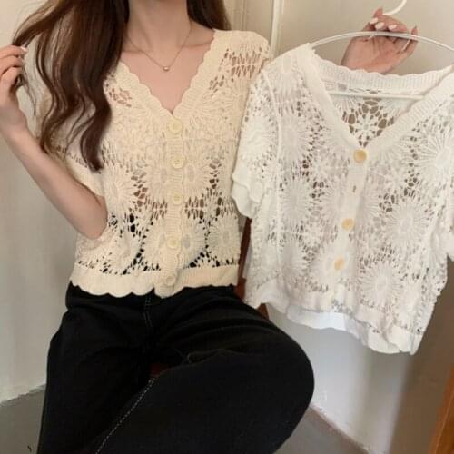 Cardigan Hollow V-neck White Short-sleeved Sweater Womens Summer New Korean Style Loose and Thin Top