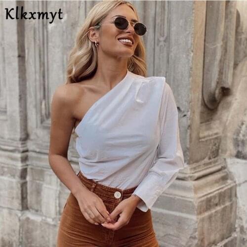 Klkxmyt Za Women 2021 Fashion Pleated Asymmetry White Blouses Vintage One Shoulder Long Sleeve Female Shirts Blusas Chic Tops