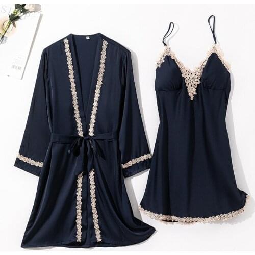 Nightgown Robe Set Women Lingerie Robe Sexy Black V-neck Lace Bathrobe Set With Chest Pads