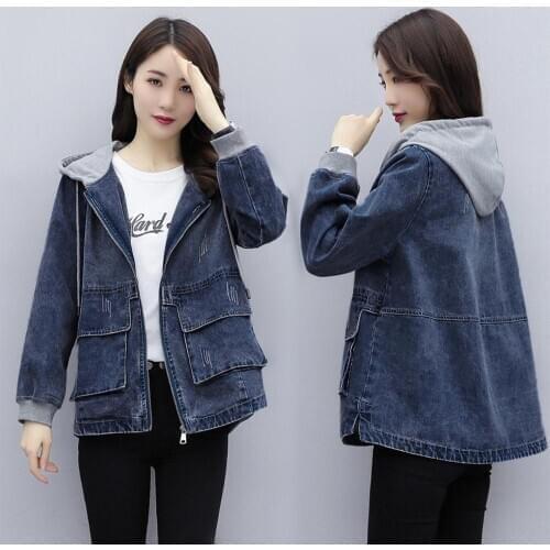 Hooded Denim Coat Female 2020 Spring And Autumn New Solid Color Loose Womens Denim Jacket Fashion Wild Women Clothing