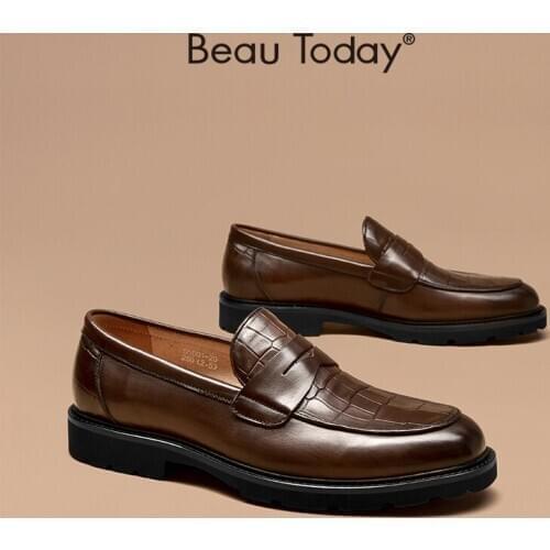 Loafers Men Shoes Genuine Cow Leather Alligator Pattern Round Toe Slip-On Dress Shoes for Men Handmade BeauToday 55001