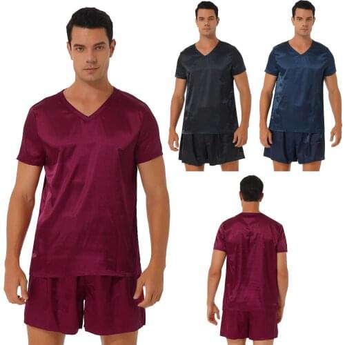 Men Satin Two-Piece Pajama Set Sissy Sleepwear Loungewear V Neck Short Sleeve Satin T-Shirt With Elastic Waistband Shorts