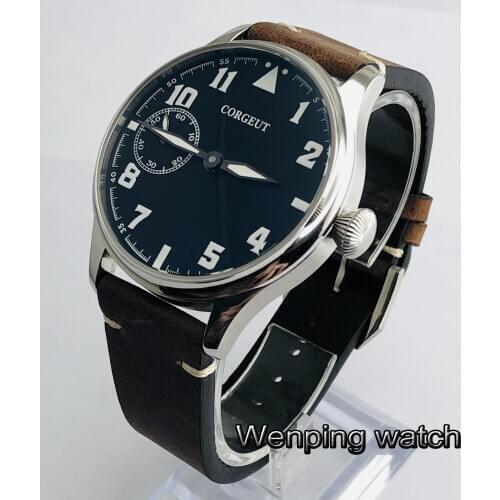 44mm CORGEUT silver case black dial leather strap 17 Jewels mechanical 6497 hand winding movement luminous mens watch