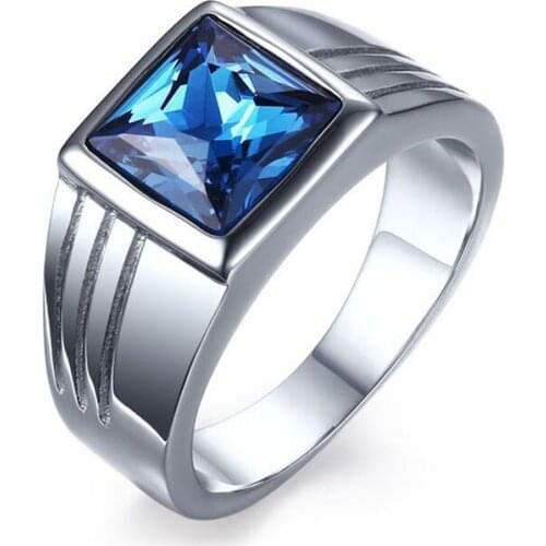 New Blue CZ Zircon Engagement Band Ring for Men Silver-color Stainless Steel High Quality