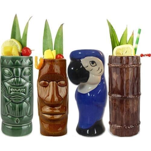 Tiki Mugs Set Ceramic Cocktail Mugs Glasses Drinks Cups Hawaiian Party Barware Easter Islander Bamboo Yellow Parrot Tiki Mug