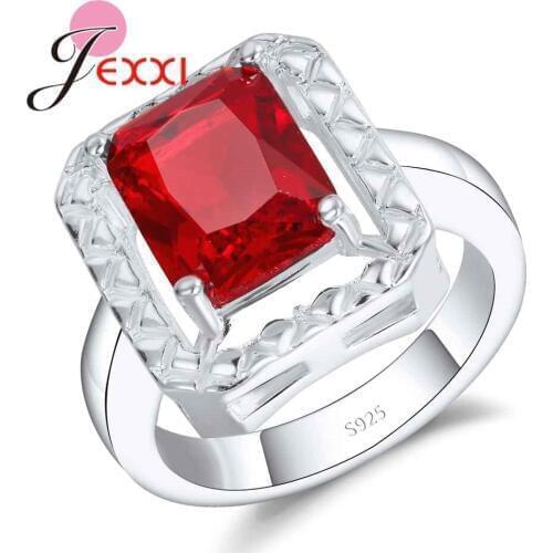 New 925 Sterling Silver Jewelry Charm Woman Wedding Stone High Quality Red Crystal CZ Classic Ring Gift to Anniversary