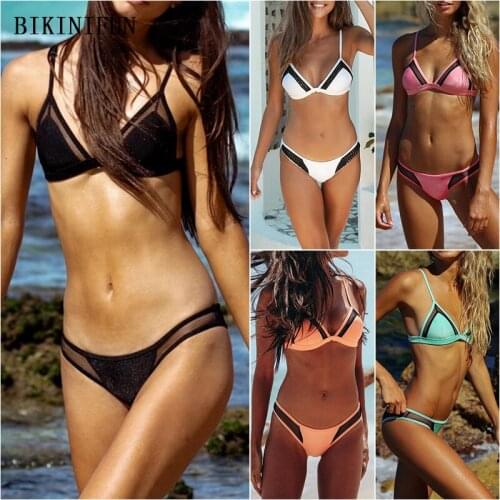 2020 New Sexy Mesh Patchwork Swimwear Women Triangle Bralette Swimsuit Backless Bathing Suit S-XL Girl Low Waist Mini Bikini Set
