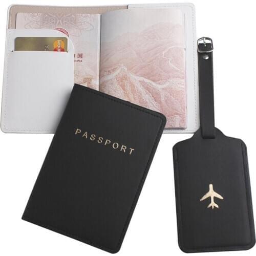 New 2pcs/set Black White Passport Cover&Luggage Tag PU Leather For Travel Accessories Case Label Tag Passport Holder
