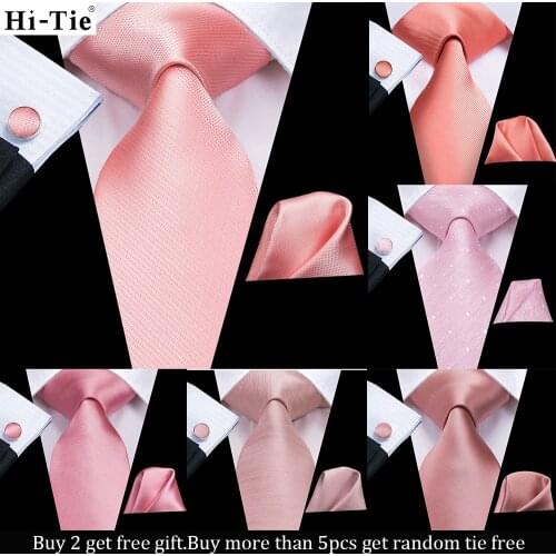 Hi-Tie Gift Mens Tie Peach Pink Solid Silk Wedding Tie For Men Hanky Cufflink Tie Set Fashion Design Business Party Dropshipping