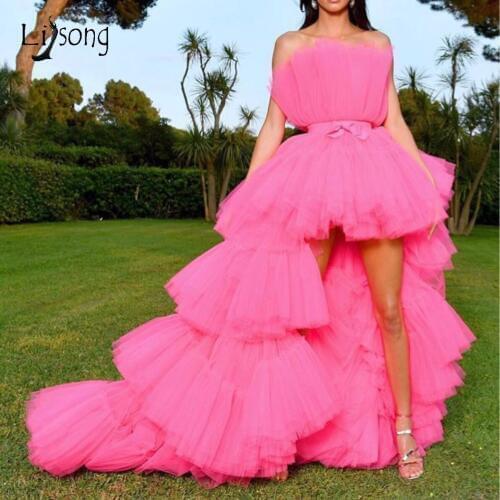 Chic Hot Pink Tiered High Low Tulle Evening Dresses Off The Shoulder Ruffles Fashion Tutu Prom Gowns Abendkleider 2019