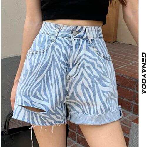Genayooa Striped Shorts For Women Ladies Denim Streetwear Irregular Jeans Shorts Women Ripped High Waist Slim Short Mujer Summer