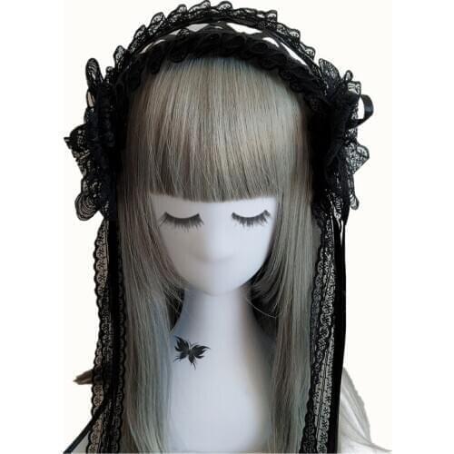 Japanese Gothic Lolita Headdress KC Cosplay Dark Black Style Maid Anime Lace Bow Ribbon Hairband Punk Retro Headwear Headband