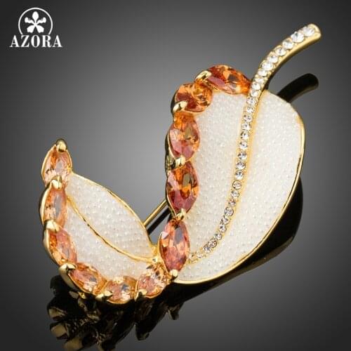 AZORA Luxury Champagne Gold Cubic Zirconia Large Plant Leaf Vintage Brooch for Women Fashion Jewelry New Brooch and Pins TP0059