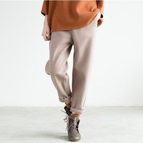 Women Autumn Winter Simple Woolen Pants Ladies Elastic Waist Pants Female Casual Solid Color Trousers Spring Retro Vintage