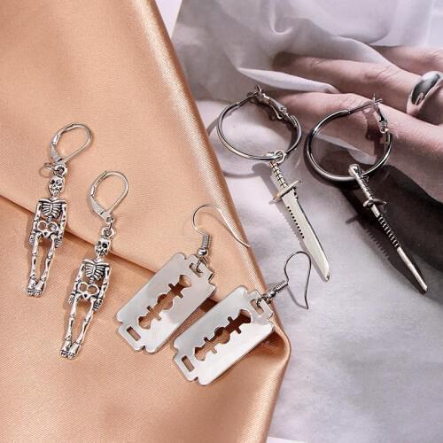 Flatfoosie 3Pair/Set Silver Color Sword Drop Earrings Female Gothic Earring Sets Personality Creative Skeleton Earring Jewelry