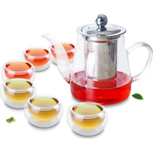1x 7in1 Kung fu Coffee Tea Set-Big 740ml Heat-Resisting Glass Tea Pot w/ Stainless Steel Infuser Filter+6* Double Wall Layer Cup