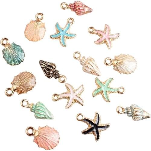 15 Pcs/Set Colorful Shell Conch Starfish Enamel Charms Shell Charms for Bracelet Necklace Jewelry DIY Craft Accessory
