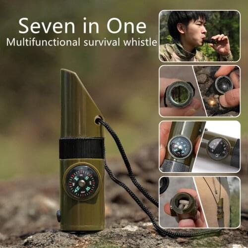 7 In 1 Multifunctional Whistle Survival Hiking Equipment Compass Mirror Flashlight Magnifier LED Light Thermometer Storage Tool