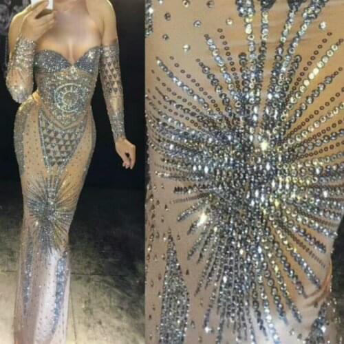 Sparkly Rhinestones Nude Long Dress Sexy Nightclub Full Stones Long Big Tail Dress Costume Prom Birthday Celebrate Dresses