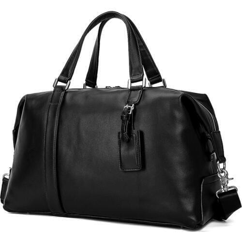 Big Capacity Genuine cow leather travel bags men women soft black Fit 15.6 inch laptop travel duffel shoulder bag business bag