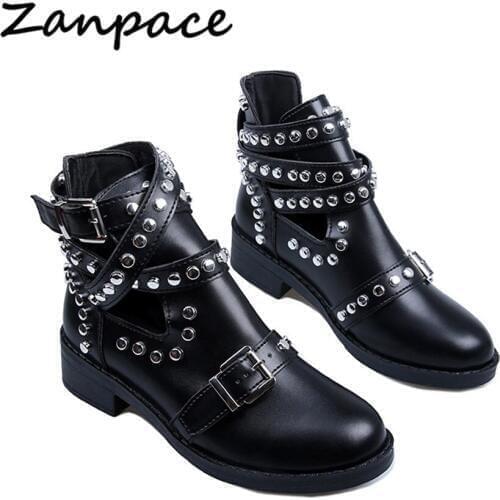 2019 Large Size 43 Boots Women Autumn Ankle New Rivets Platform Flat Martin Boots Winter Motorcycle Leather Womens Shoes