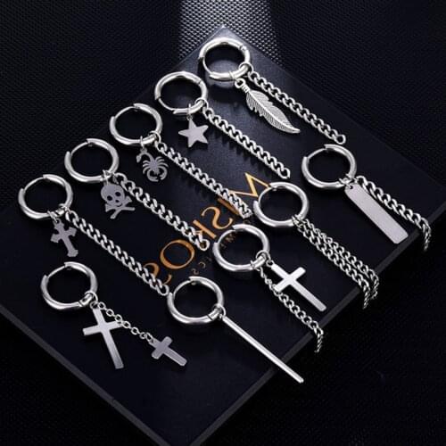 1 Piece Stainless Steel Chain Ear Buckle Earrings For Women/Man Cross Feather Pendant Street New Popular Elements Jewelry