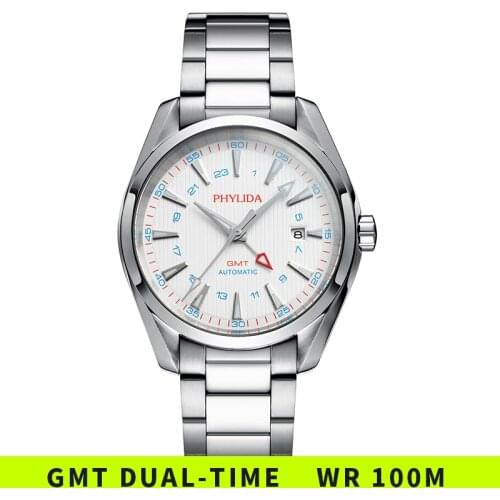 10BAR 100M Water-resistant Automatic GMT Watch Fashion Luxury Mechanical Wristwatch Solid SS Sapphire Glass White Dial