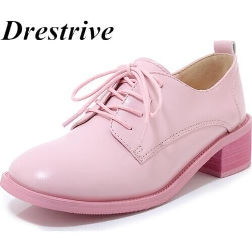 Drestrive Woman Pumps Genuine Leather Sheepskin 2020 Autumn Shoes Low Heel 4.5 Cm Shallow Lace Up Platform Round Toe
