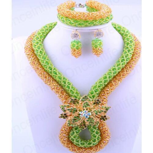 Elegant Two Layers Luxury Ladies Necklace African Beads Jewelry Sets For Bridal Costume Green & Gold Nigerian Wedding Jewelry