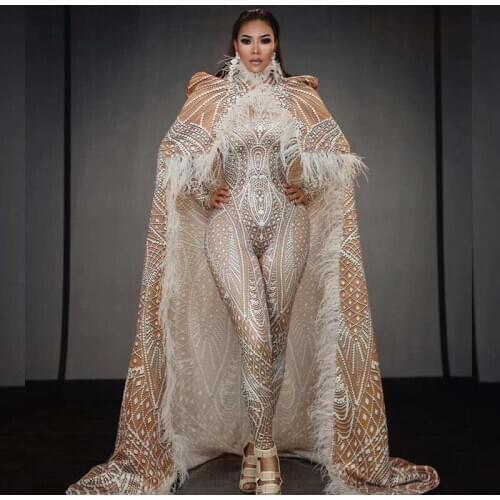 Dropshipping Women Men Singer Stage dance Wear Party Jumpsuit with Feather Long Cloak Evening Celebration Performance costume
