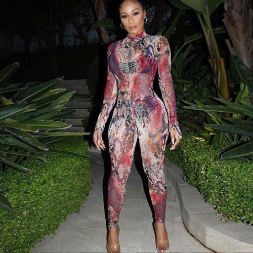 OMSJ 2020 Fashion Women New Women Sexy Mesh Bodysuit Printing Round Neck Long Sleeve High Waist Skinny Casual Long Jumpsuits