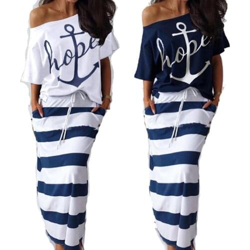 Summer Plus Size Elegant Vacation Leisure Two-pieces Suit Sets Ladies Boat Anchor Print T-Shirt & Striped Maxi Skirt Sets S-3XL
