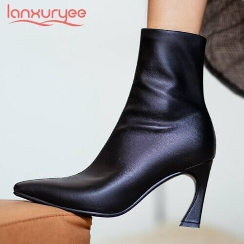 Lanxuryee large size high street fashion nightclub pointed toe thin high heel zipper beauty lady superstar dress ankle boots L11