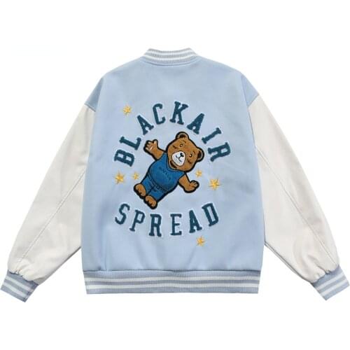 Cute Furry Bear Letter Patch Patchwork Color Baseball Jacket Men Oversize Cozy Fashion College Style Bomber Coat Autumn