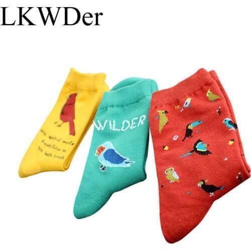 LKWDer 3 Pairs Cute Animals Womens Cotton Socks Lovely Birds Parrot Woodpecker Female Art Socks Women Funny Meias Socks Hosiery