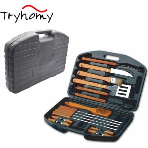 Stainless Steel BBQ Tools Set Wooden Handle Barbecue Tool Spatula Fork Knife Brush Skewers BBQ Grill Utensil Cooking Tool Set